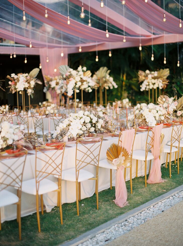 Gold Chairs and Café Lights at Phuket, Thailand, Wedding Reception