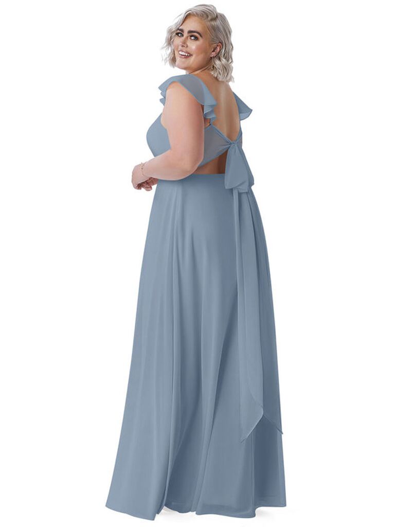 Dusty blue bridesmaid dress with flutter sleeves and open back with bow