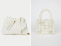 Side by side collage of two white handbags