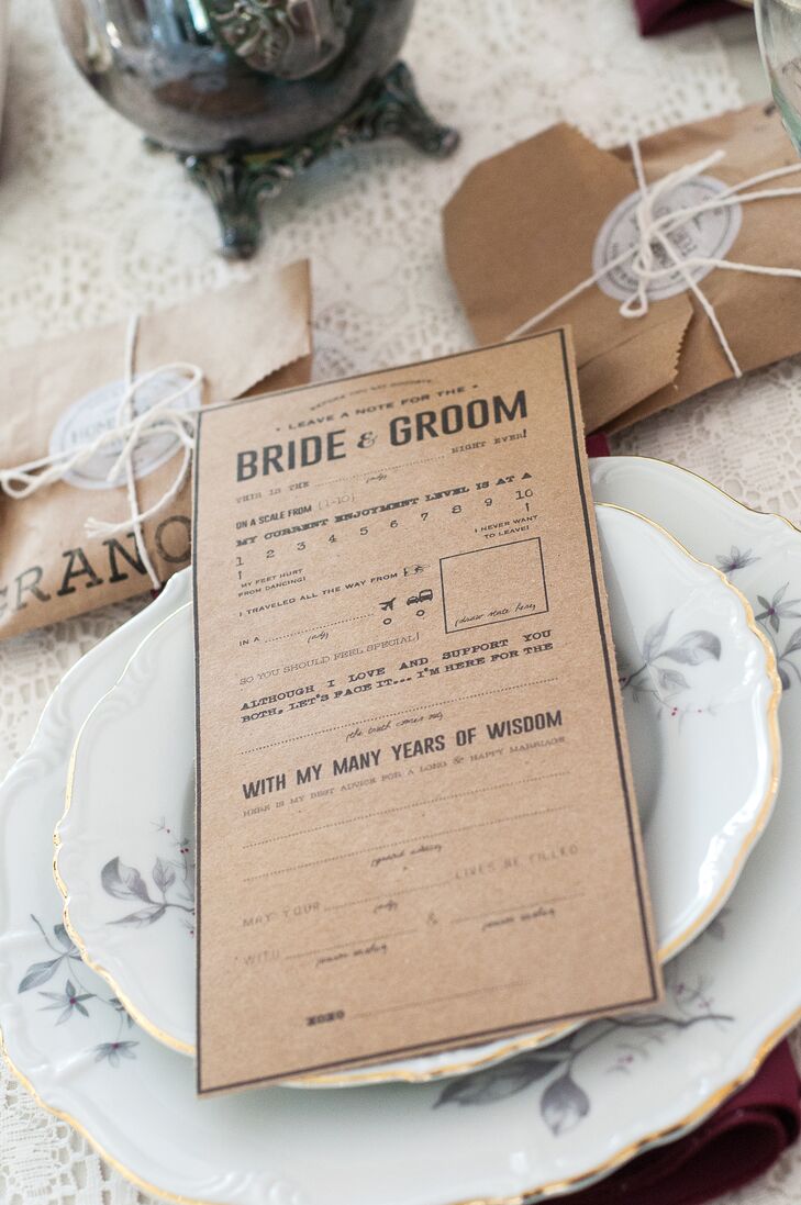 Lauren's best friend and matron of honor designed these cards, which guests filled with advice and notes for the couple to read postwedding.