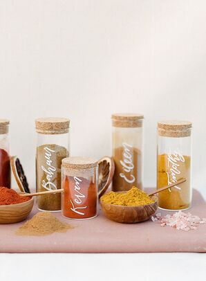 Calligraphed Spice Canisters as Place Card Alternatives