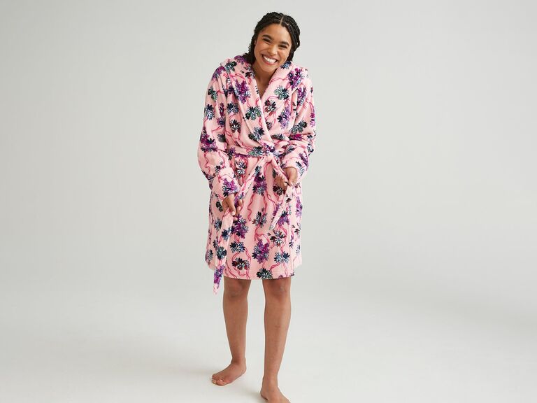 long lightweight fleece bridesmaid robes with floral pattern