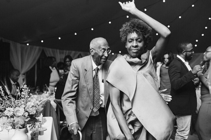Black and White Photo of Fashionable Guests Dancing at Reception