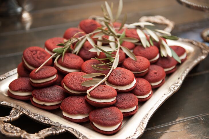 Red velvet whoopie pies accompanied the side cakes for a more informal handheld option. The smaller cakes were also richly flavored red velvet and were whitewashed with a thin layer of icing to emulate the snowy weather.
