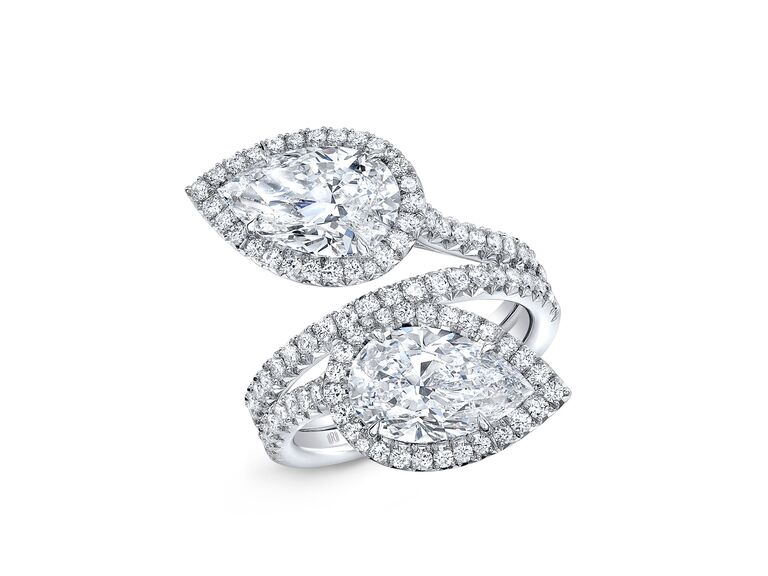 two stone ring with pear shaped diamonds and diamond halos