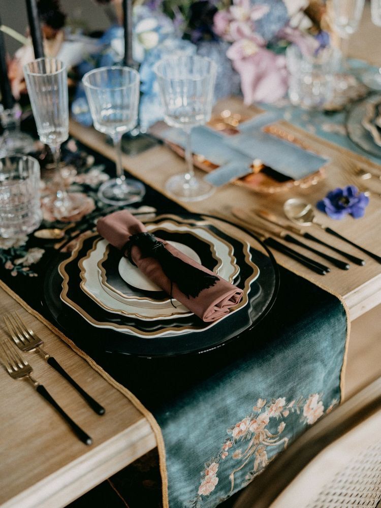 vintage wedding place setting with black details