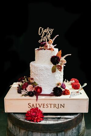 Two-Tier Wedding Cake with Fall Blooms and Personalized Cake Topper