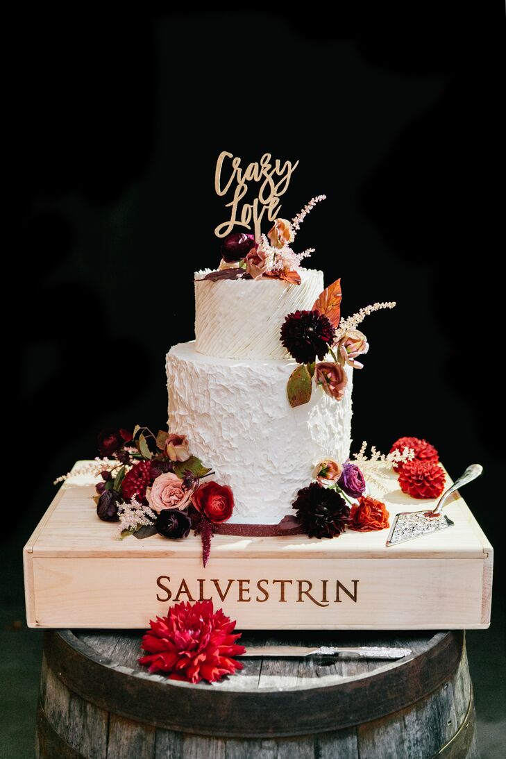 Two-Tier Wedding Cake with Fall Blooms and Personalized Cake Topper