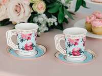 Paper teacups with baby blue background, pink florals and gold detailing