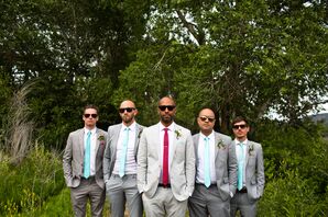 Gray, Mint and Red Groomsmen Suits