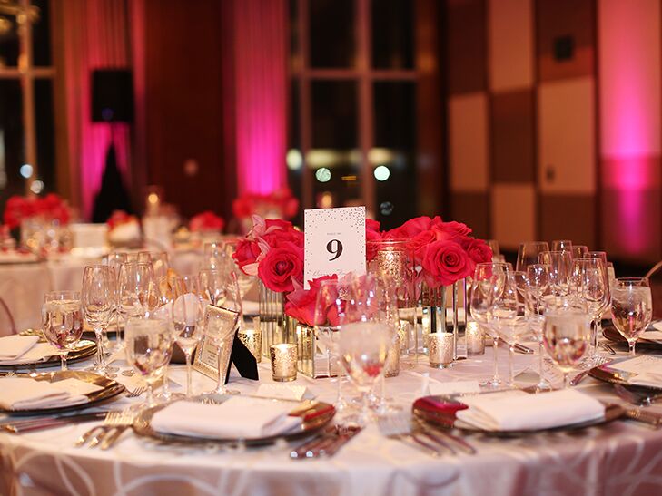 silver and pink wedding reception table decor