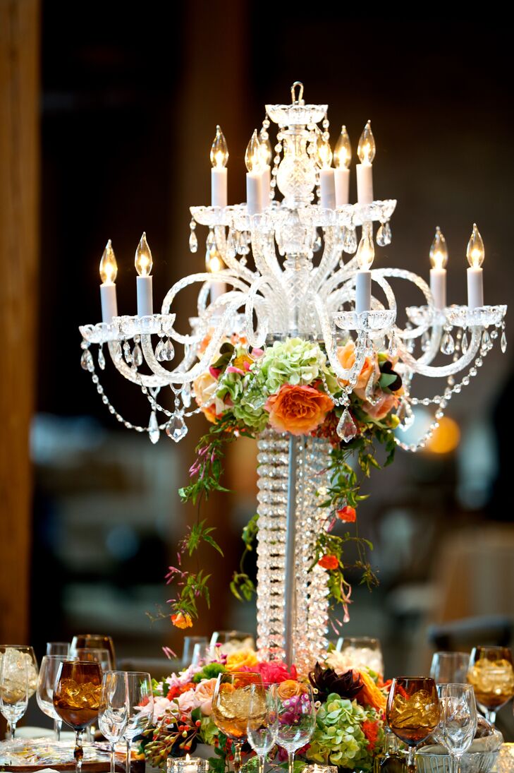 Crystal Candelabra with Coral and Green Flowers