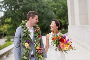 Groom with Lei and Bride with Large Bright Bouquet