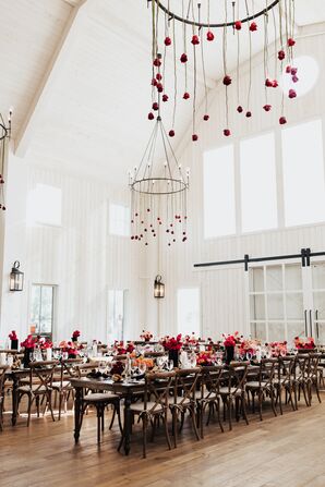 White Barn Reception With Hanging Rose Chandeliers