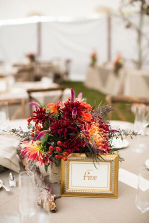 Red Flower Centerpiece, Gold Table Number