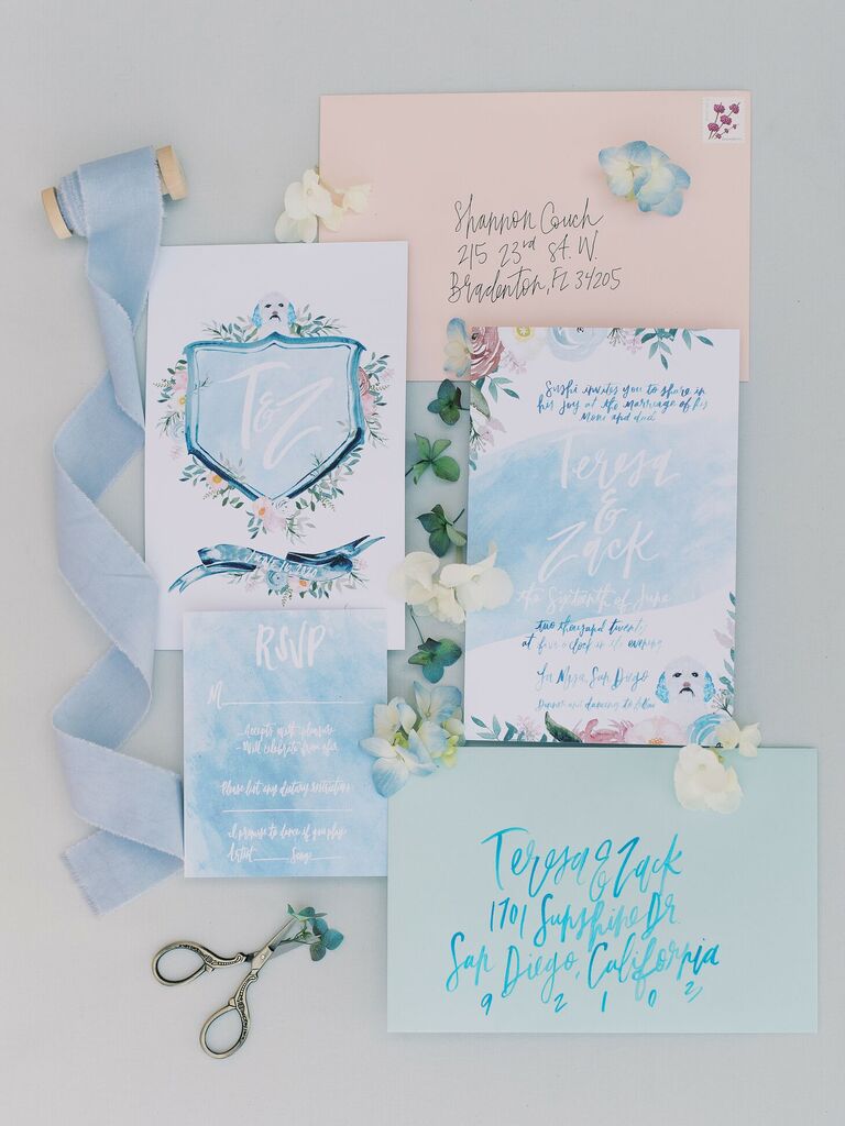 Blue watercolor wedding invitation suite