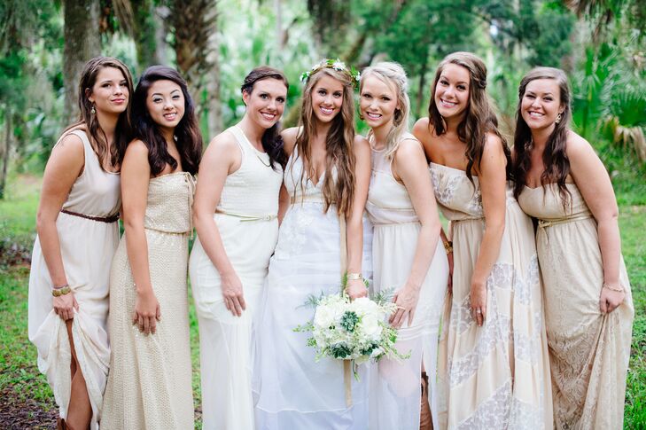 Brooke had her bridesmaids choose their own dresses for the wedding. The girls stuck with natural colored fabric and long silhouettes, for a laid-back, bohemian vibe.