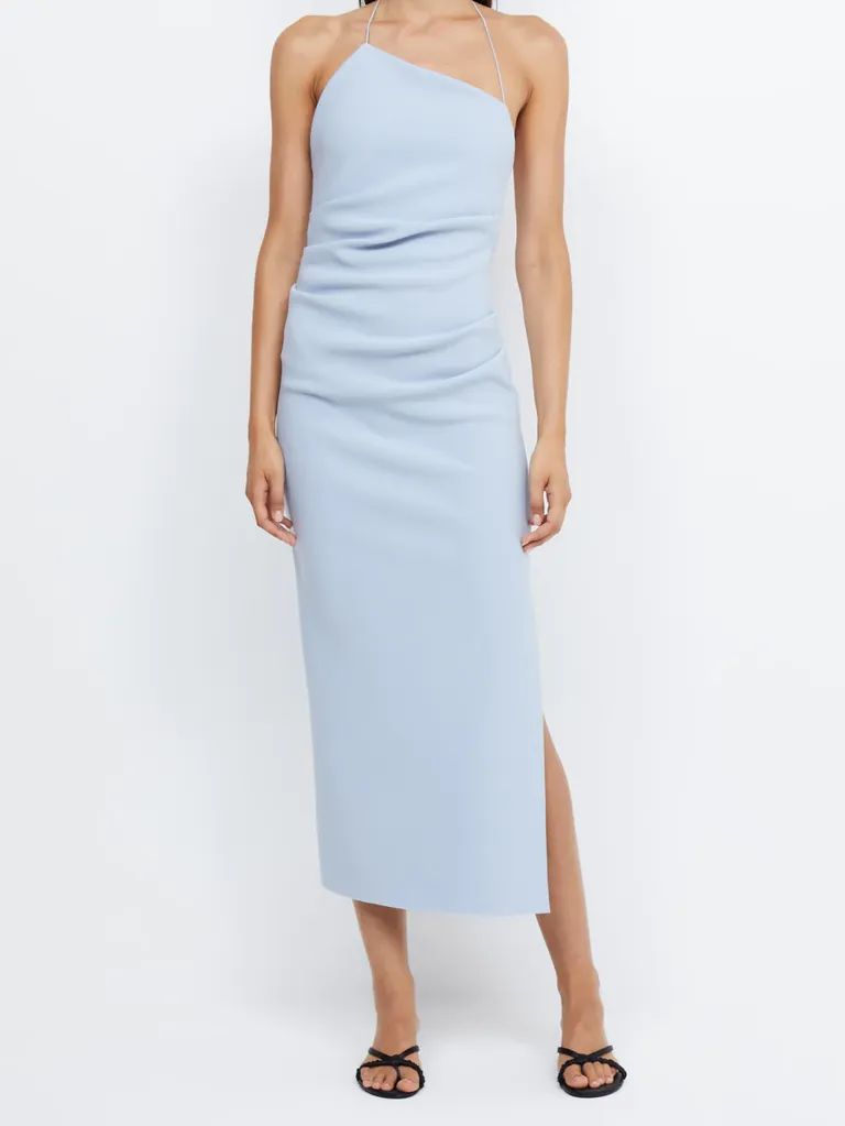 Dusty blue asymmetrical midi bridesmaid dress
