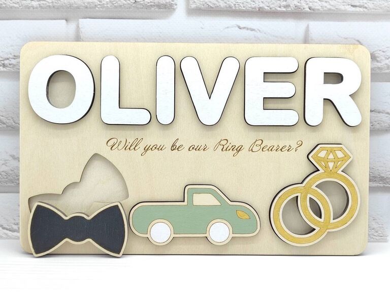Personalized wooden peg puzzle ring bearer gift