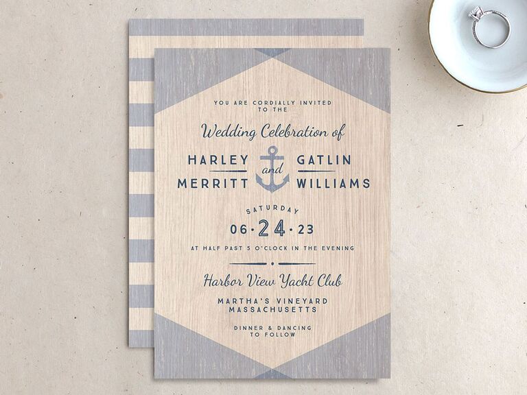 Vintage blue and neutral nautical-inspired beach wedding invitations