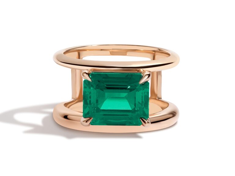 Double band emerald engagement ring by Shahala. 
