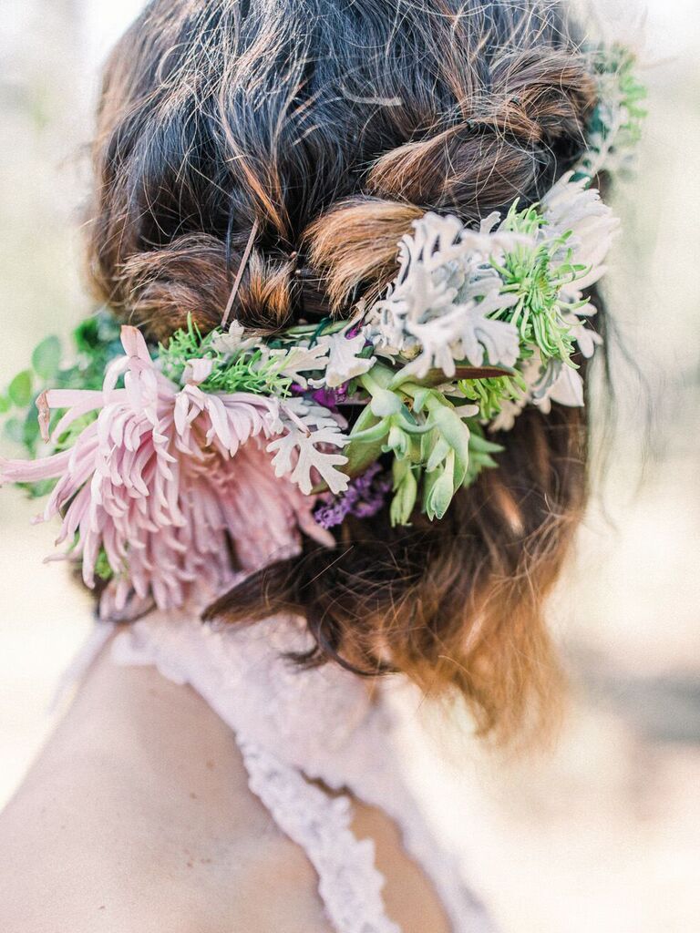half up wedding hairstyle for short hair with braid and flowers