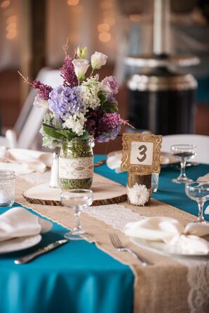 Mason Jar Centerpiece With Purple Delphiniums