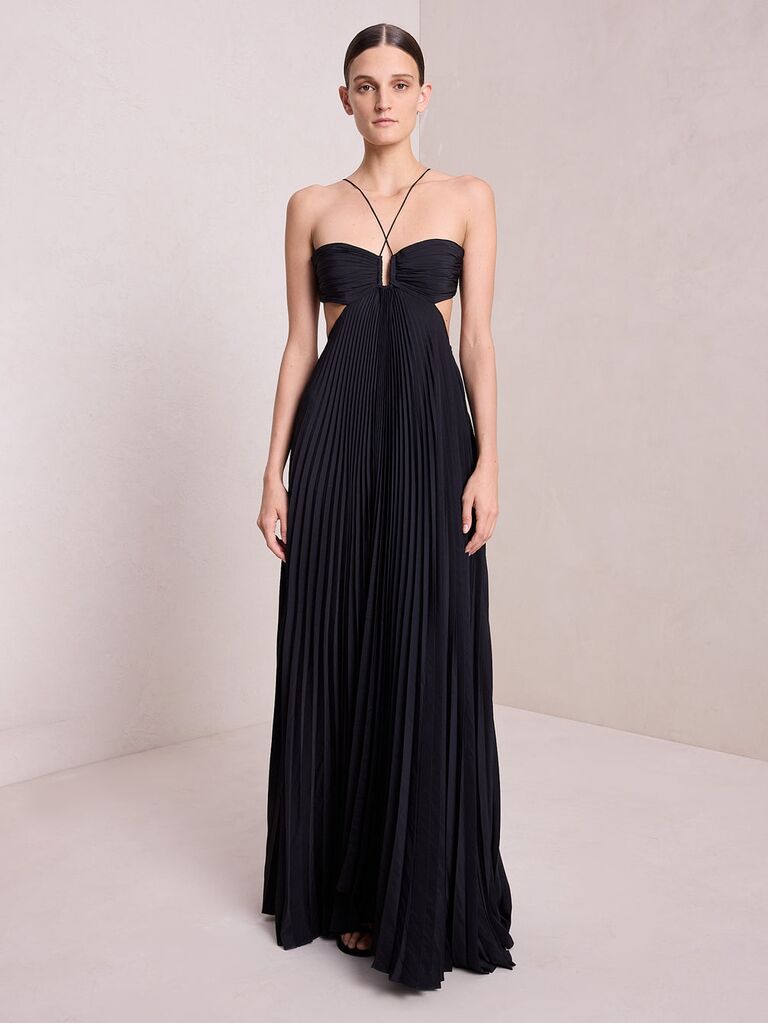 Black pleated halter neck maxi dress with side cutouts and open back from A.L.C