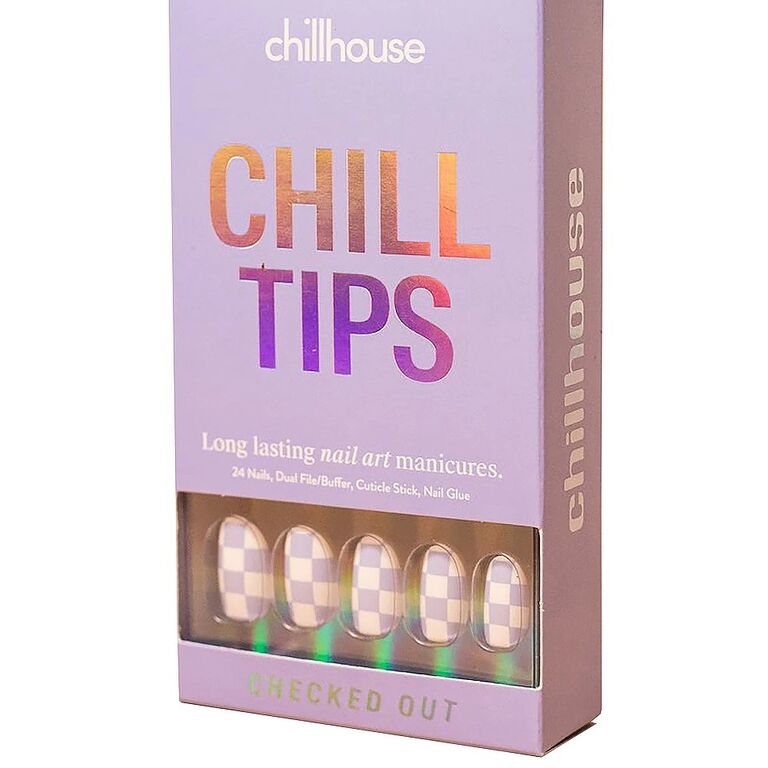 Purple box of checkered press on nails with rounded tips. 