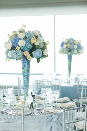 Blue Hydrangea and White Rose Centerpieces
