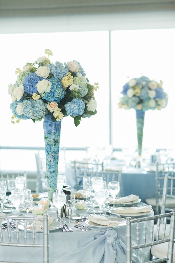 Blue Hydrangea and White Rose Centerpieces