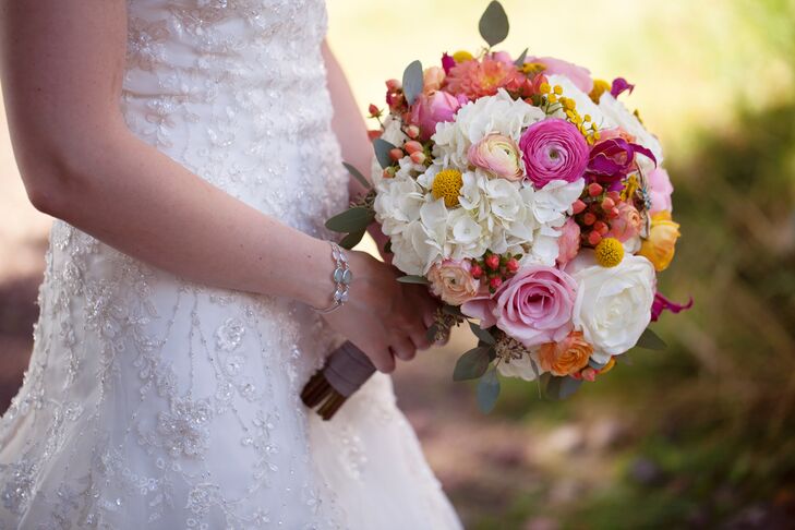 Pink and White Bouquet with Ranunculus and Craspedia