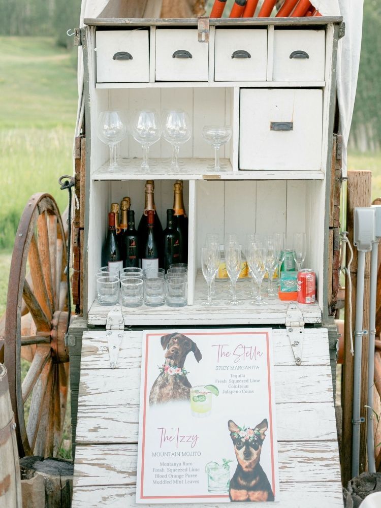 rustic wagon bar with dog-themed cocktail menu