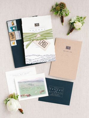 Rustic Brown, White and Navy Wedding Invitations
