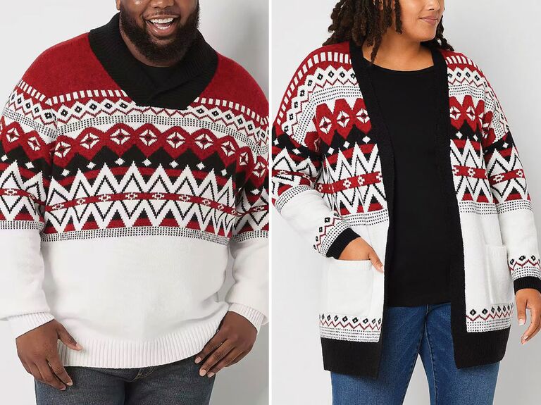 White, red and black Fair Isle plus-size couples Christmas sweater and cardigan
