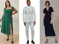 collage of semi formal wedding attire outfit ideas