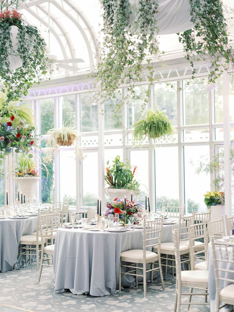 wedding reception at greenhouse venue with potted fern hanging baskets above the banquet tables