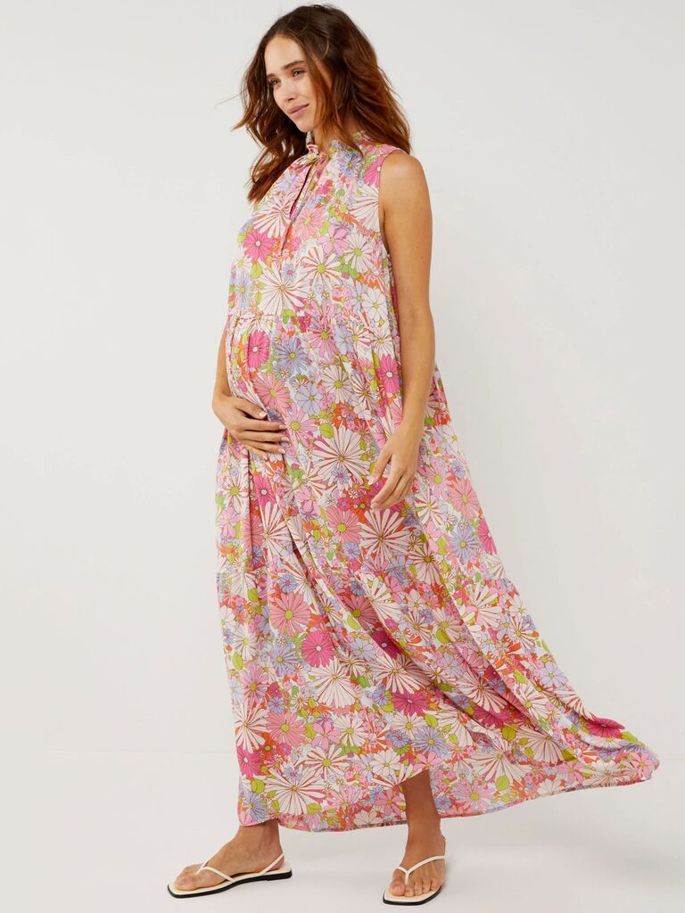 BB Dakota floral tiered maternity wedding guest dress covered multicolored blooms for spring