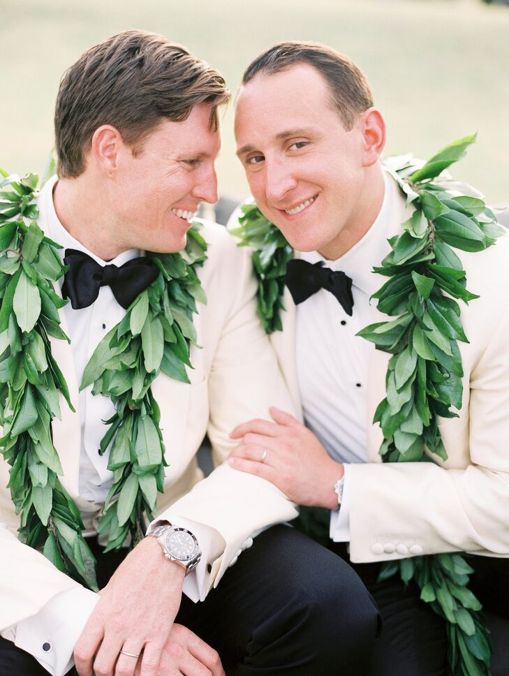 Brian and David wore matching engagement watches, classic black bow ties and fragrant maile leis in lieu of boutonnieres.