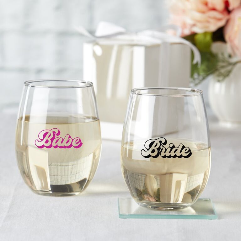 Stemless retro wine glasses for a bachelorette party. 