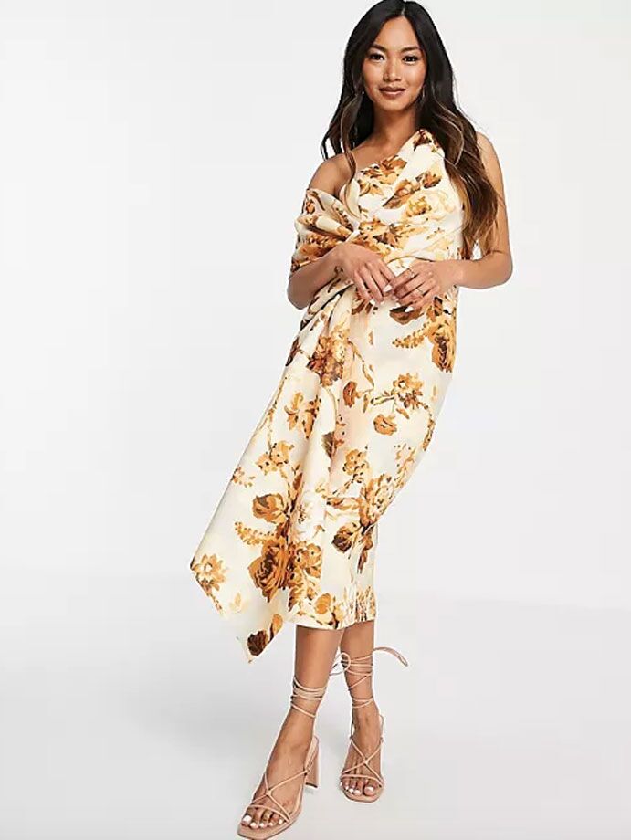 Fall wedding guest dress with one shoulder and golden leaf print