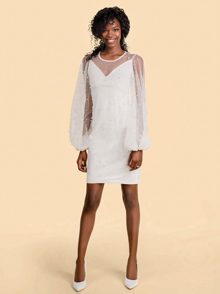 pantora bridal white mesh high neck wedding dress with mesh long puffy sleeves pearl embellishments and short skirt