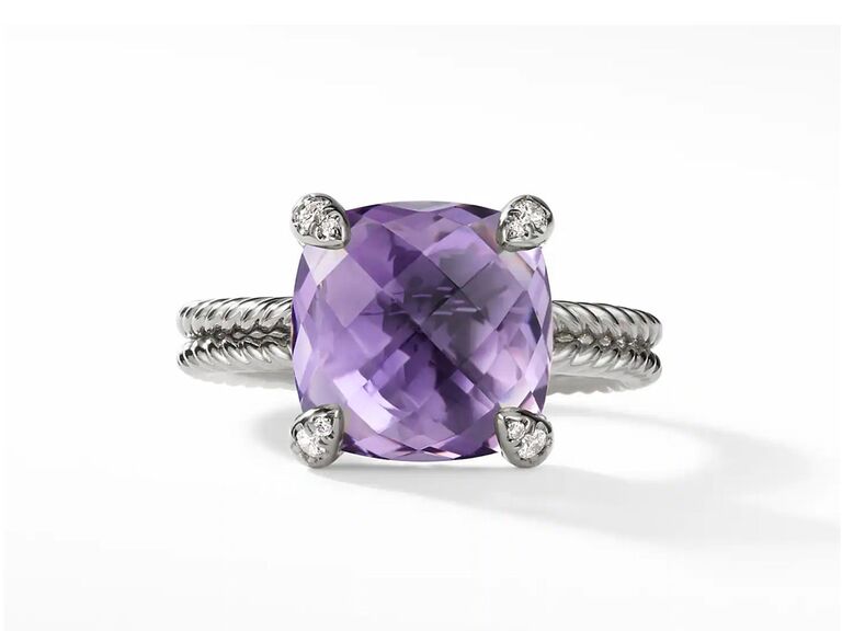 david yurman amethyst engagement ring with cushion cut amethyst marquise diamond claw prongs and braided sterling silver band