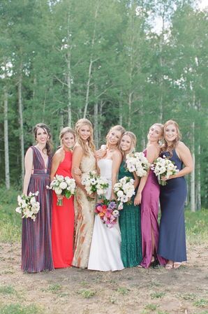 Bridesmaids in Jewel-Tone Dresses at Lynn Britt Cabin in Aspen, Colorado