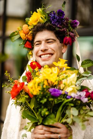Groom With Flower Crown and Rainbow Wedding Bouquet
