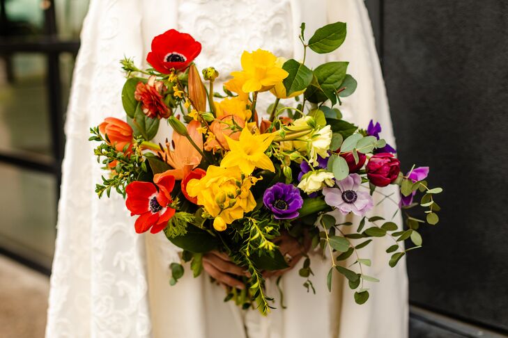 Rainbow Wedding Bouquet With Anemonies and Daffodils