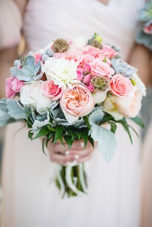 Blush, White and Peach Bouquet with Scabiosa Pods and Dusty Miller