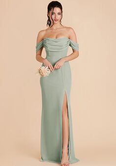 Birdy Grey Mira Chiffon Dress in Sage Off the Shoulder Bridesmaid Dress