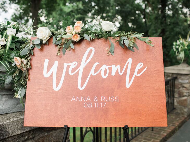 Wood Welcome Sign with Eucalyptus and Rose Swag