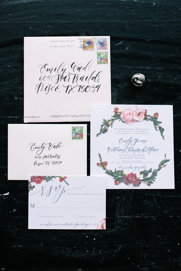 A floral-themed invitation suite set the stage for the couple's outdoor garden nuptials.